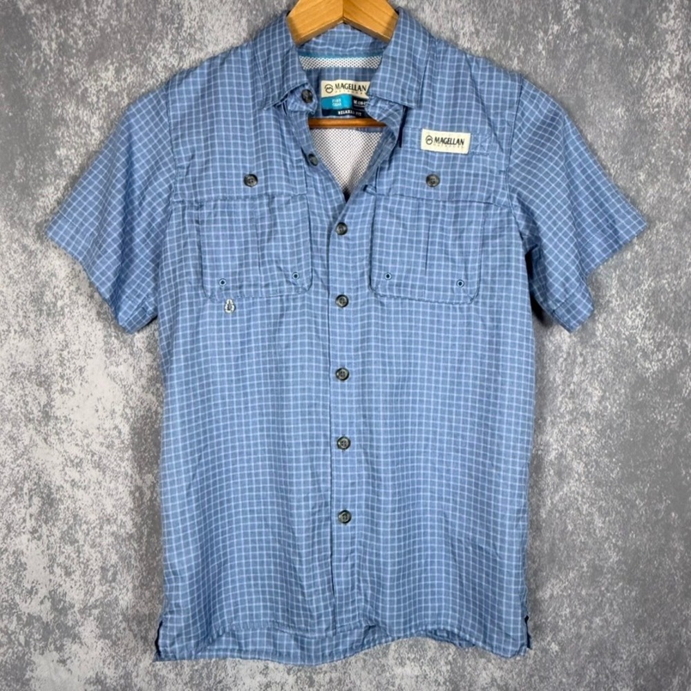 Magellan Outdoors M Boys 10-12 Blue Check Fish Gear Shirt Vented Back